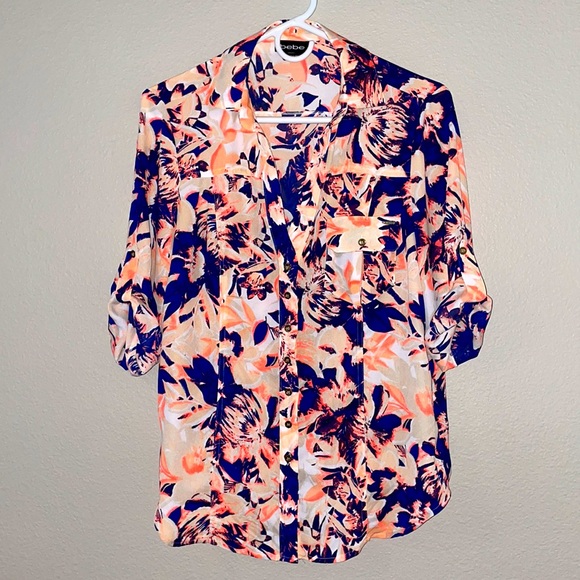 BEBE Neon Orange and Navy Shirt - Picture 1 of 3